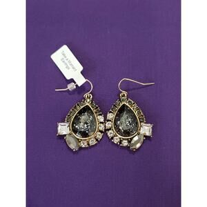 Teardrop Dangle Rhinestone Earrings Smokey Clear Lace Like Design Brass Tone New